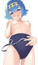 Rule 34 | 1girl, black one-piece swimsuit, blue eyes, blue hair, blush, breasts, bright pupils, cameltoe, clothes pull, commentary request, creatures (company), from below, game freak, hairband, hand up, hiyoshipow, lana (pokemon), nintendo, nipples, no sclera, one-piece swimsuit, one-piece swimsuit pull, open mouth, pokemon, pokemon sm, school swimsuit, short hair, small breasts, smile, solo, swimsuit, white background, white pupils, yellow hairband