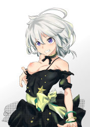 Rule 34 | 1girl, absurdres, bare shoulders, breasts, breasts out, dress, grin, highres, medium breasts, nipples, purple eyes, short hair, silver hair, smile, solo, valtor, virtual youtuber