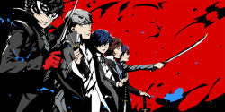 Rule 34 | 10s, 5boys, amamiya ren, atlus, bad id, bad pixiv id, blue hair, blue necktie, brown hair, clenched hand, club3, domino mask, gloves, grey hair, highres, holding, holding sword, holding weapon, looking at viewer, male focus, mask, megami tensei, multiple boys, narukami yuu, necktie, persona, persona 1, persona 2, persona 2 tsumi, persona 3, persona 4, persona 5, red background, red gloves, school uniform, shin megami tensei, short hair, simple background, smile, suou tatsuya, sword, toudou naoya, weapon, yuuki makoto (persona 3)