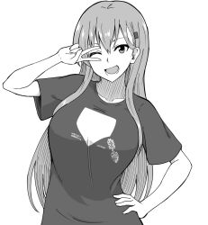 Rule 34 | 1girl, breasts, greyscale, hair ornament, hairclip, hand on own hip, hatching (texture), highres, kantai collection, large breasts, long hair, monochrome, shirt, solo, suzuya (kancolle), t-shirt, takaman (gaffe), upper body, v