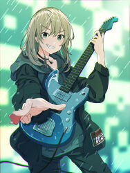 Rule 34 | 1girl, absurdres, black choker, black jacket, black pants, choker, commentary request, cowboy shot, drawstring, electric guitar, girls band cry, green eyes, grey hoodie, grin, guitar, highres, holding, holding guitar, holding instrument, holding plectrum, hood, hoodie, instrument, jacket, kawaragi momoka, light brown hair, long hair, looking at viewer, nira (aoaoaccc), outdoors, pants, plectrum, rain, smile, solo