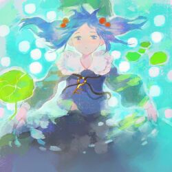 Rule 34 | 1girl, blue eyes, blue shirt, blue skirt, breedo, commentary request, cowboy shot, expressionless, floating hair, frilled shirt collar, frills, from above, green headwear, hair bobbles, hair ornament, kawashiro nitori, key, lily pad, long sleeves, looking at viewer, lying, medium hair, on back, open mouth, shirt, skirt, solo, touhou, water