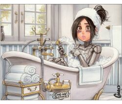 Rule 34 | 1girl, alita, artist name, bathing, bathroom, bathtub, battle angel alita, black hair, border, brown eyes, claw foot bathtub, commentary, covering privates, covering breasts, cyberpunk, cyborg, english commentary, english text, eyelashes, facial mark, hair up, hose, joints, knees up, lips, looking at viewer, marker (medium), mechanical arms, mechanical legs, metal skin, military vehicle, motor vehicle, omar dogan, robot joints, scan, shower head, sidelocks, signature, soap bubbles, solo, tank, tile floor, tiles, towel, towel on head, towel rack, traditional media, wallpaper (object), wash cloth, white border, window