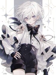 Rule 34 | 1boy, androgynous, black corset, black feathers, black gloves, black ribbon, black shorts, cape, corset, feathers, fingerless gloves, gloves, grey background, grey eyes, hand on own hip, highres, long sleeves, looking at viewer, male focus, multicolored background, namiki itsuki, neck ribbon, open mouth, original, parted lips, ribbon, shirt, shorts, solo, sparkle background, white background, white cape, white hair, white shirt