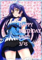 Rule 34 | 1girl, arms behind back, bare shoulders, birthday, blue hair, blush, bow, character name, commentary request, daikichi, dated, dress, earrings, english text, floral background, gloves, hair between eyes, hair bow, hair ornament, happy birthday, jewelry, kira-kira sensation!, long hair, looking at viewer, love live!, love live! school idol project, simple background, smile, solo, sonoda umi, standing, thighhighs, white gloves, white thighhighs, yellow eyes