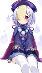 Rule 34 | 1girl, absurdres, commentary request, genshin impact, hair ornament, hat, highres, long sleeves, looking at viewer, moti yousei, ofuda, purple hat, qiqi (genshin impact), red eyes, short hair, simple background, sitting, solo, thighhighs, white background, white hair, white thighhighs