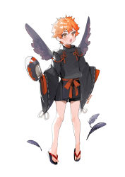 Rule 34 | 1boy, black wings, blush, feathered wings, feathers, full body, hand fan, highres, holding, holding fan, japanese clothes, long sleeves, male focus, open mouth, orange eyes, orange hair, original, ribbon-trimmed sleeves, ribbon trim, signature, simple background, solo, tengu, white background, wide sleeves, wings, wumumu
