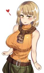 Rule 34 | 1girl, absurdres, ashley graham, blonde hair, breasts, brown scarf, heart, highres, hinghoi, large breasts, looking at viewer, orange shirt, resident evil, resident evil 4, resident evil 4 (remake), scarf, shirt, simple background, sleeveless, sleeveless turtleneck, solo, standing, tongue, tongue out, turtleneck, white background, yellow eyes