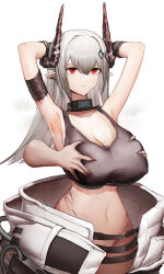 Rule 34 | 1boy, 1girl, absurdres, arknights, armpits, arms up, bandaged arm, bandages, black sports bra, breasts, cleavage, closed mouth, collar, collarbone, earrings, empty eyes, grabbing, grabbing another&#039;s breast, grabbing from behind, groin, hetero, highres, horns, infection monitor (arknights), jewelry, large breasts, material growth, mudrock (arknights), mudrock (elite ii) (arknights), navel, no panties, onedr, open clothes, oripathy lesion (arknights), pointy ears, red eyes, simple background, solo focus, sports bra, white background