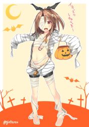 Rule 34 | 1girl, bandages, barefoot, bat (animal), bike shorts, blush, breasts, brown eyes, cosplay, crescent moon, gintarou (kurousagi108), hair ribbon, halloween, halloween costume, high ponytail, hood, hoodie, jack-o&#039;-lantern, kantai collection, light brown hair, long hair, long sleeves, looking at viewer, moon, mummy, mummy (cosplay), navel, open clothes, open hoodie, open mouth, outstretched arms, ponytail, ribbon, sleeves past wrists, small breasts, smile, solo, spread arms, translation request, zuihou (kancolle)