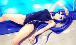 Rule 34 | 00s, 1girl, blue eyes, blue hair, competition school swimsuit, hayase mitsuki, highres, impossible clothes, kimi ga nozomu eien, legs, long hair, lying, matching hair/eyes, norizou type-r, on back, one-piece swimsuit, ponytail, school swimsuit, solo, swimsuit, very long hair, water