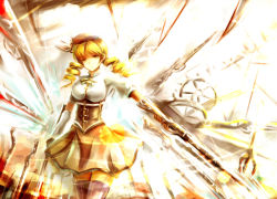 Rule 34 | 10s, 1girl, beret, blonde hair, breasts, brown thighhighs, corset, detached sleeves, drill hair, dual wielding, gears, gun, hair ornament, hairpin, hat, highres, holding, large breasts, magical girl, magical musket, mahou shoujo madoka magica, pleated skirt, puffy sleeves, ribbon, rifle, sakura ani, shirt, skirt, solo, striped clothes, striped thighhighs, taut clothes, taut shirt, thighhighs, tomoe mami, twin drills, vertical-striped clothes, vertical-striped thighhighs, weapon, yellow eyes, zettai ryouiki