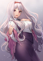 Rule 34 | 1girl, absurdres, breasts, dress shirt, grey background, hairband, highres, idolmaster, idolmaster (classic), long hair, looking at viewer, masami chie, open mouth, purple eyes, shijou takane, shirt, silver hair, simple background, skirt, smile, solo, suspenders