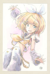 Rule 34 | 1girl, arm warmers, belt, black collar, blonde hair, blue eyes, bow, collar, commentary, crop top, epoxy putty, frilled shirt, frills, hair bow, hair ornament, hairclip, kagamine rin, leg warmers, midriff, neckerchief, open mouth, outstretched arm, painting (medium), sailor collar, school uniform, shirt, short hair, short shorts, shorts, signature, smile, solo, swept bangs, traditional media, treble clef, vocaloid, watercolor (medium), white bow, white shirt, yellow neckerchief