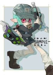Rule 34 | 1girl, aqua hair, backpack, bag, black cardigan, black skirt, blue hair, blue hat, blush, border, brown footwear, cardigan, closed mouth, commentary request, drop shadow, dual wielding, expressionless, floating hair, gradient hair, green ribbon, grey background, gun, hands up, hat, highres, holding, holding gun, holding weapon, inkling, inkling girl, inkling player character, loafers, long hair, long sleeves, looking at viewer, loose socks, miniskirt, multicolored hair, neck ribbon, nintendo, outside border, p-pepper, pink eyes, pleated skirt, pointy ears, purple ribbon, ribbon, sample watermark, school uniform, shoes, simple background, skirt, socks, solo, splatoon (series), striped clothes, striped headwear, striped ribbon, tentacle hair, tetra dualies (splatoon), watermark, weapon, white border, white hat, white socks