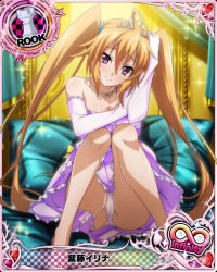 Rule 34 | 1girl, ahoge, bare shoulders, bow, box, breasts, brown hair, card (medium), chess piece, cleavage, dress, elbow gloves, gloves, high school dxd, high school dxd infinity, jewelry, large breasts, long hair, looking at viewer, necklace, official art, open mouth, panties, purple dress, purple eyes, rook (chess), shidou irina, solo, twintails, underwear, white panties