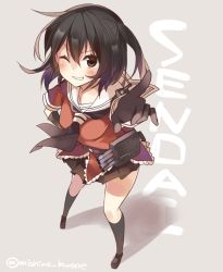 Rule 34 | 10s, 1girl, brown eyes, brown hair, from above, gloves, grin, hand on own hip, kantai collection, looking at viewer, machinery, mishima kurone, one eye closed, pointing, pointing at viewer, sendai (kancolle), smile, solo, turret, two side up