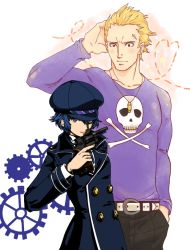 Rule 34 | 1boy, 1girl, blonde hair, blue hair, blush, bullet, buttons, coat, double-breasted, gears, goron tkbprpr, gun, hand on own head, handgun, hat, heart, jewelry, lipstick, makeup, necklace, persona, persona 4, pistol, red eyes, scar, shirogane naoto, short hair, skull and crossbones, smile, tatsumi kanji, weapon