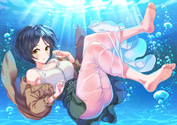 Rule 34 | 1girl, air bubble, ass, bare shoulders, barefoot, beige jacket, belt, blue hair, blush, breasts, bubble, cleavage, closed mouth, green skirt, hamahama, hayami kanade, highres, idolmaster, idolmaster cinderella girls, jacket, jewelry, large breasts, layered skirt, legs, long skirt, looking at viewer, necklace, off shoulder, open clothes, open jacket, parted bangs, shirt, short hair, skirt, sleeveless, sleeveless shirt, smile, soles, solo, toes, underwater, white shirt, white skirt, yellow eyes