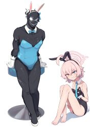 Rule 34 | 1boy, 1girl, absurdres, ahoge, animal ears, asuna (blue archive), asuna (blue archive) (cosplay), asuna (bunny) (blue archive), barefoot, black gloves, black leotard, black skin, black suit (blue archive), blue archive, blue eyes, blue leotard, blue necktie, blush, breasts, chair, clenched teeth, colored skin, cosplay, detached collar, fake animal ears, fake tail, fingerless gloves, gloves, hair between eyes, halo, heterochromia, highres, hoshino (blue archive), hoshino (young) (blue archive), korean commentary, leotard, necktie, pink hair, pink halo, rabbit ears, rabbit tail, rodeong r, short hair, simple background, sitting, small breasts, strapless, strapless leotard, tail, teeth, toes, white background, white gloves, wrist cuffs, yellow eyes