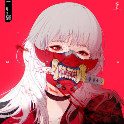 Rule 34 | 1girl, blood, blood on face, choker, highres, knife, long hair, looking at viewer, mask, original, park junkyu, portrait, red background, red eyes, solo, white hair