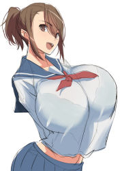 Rule 34 | 1girl, bra, breasts, brown eyes, brown hair, cleavage, female focus, highres, huge breasts, kloah, midriff, open mouth, ponytail, ribbon, school uniform, see-through, see-through silhouette, short hair, simple background, skirt, smile, solo, underwear, white background