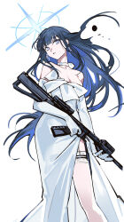 Rule 34 | 1girl, blue archive, blue eyes, blue hair, breasts, choker, commentary request, dress, elbow gloves, feet out of frame, gloves, gun, halo, head tilt, highres, holding, holding gun, holding weapon, long hair, looking at viewer, medium breasts, mento, official alternate costume, parted lips, rifle, saori (blue archive), side slit, simple background, solo, standing, strapless, strapless dress, very long hair, weapon, white background, white choker, white dress, white gloves