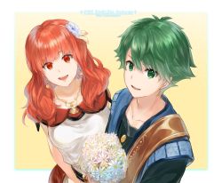 Rule 34 | 1boy, 1girl, :d, alm (fire emblem), bouquet, celica (fire emblem), collarbone, copyright name, daisy, earrings, fire emblem, fire emblem echoes: shadows of valentia, flower, from above, futabaaf, green eyes, green hair, hair between eyes, highres, holding, holding bouquet, jewelry, looking at viewer, necklace, nintendo, open mouth, orange eyes, orange hair, sleeve, smile, upper body, white flower
