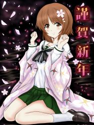 Rule 34 | 1girl, absurdres, alternate legwear, artist name, black neckerchief, blouse, brown eyes, brown footwear, brown hair, cherry blossoms, closed mouth, commentary, floral print, flower, full body, girls und panzer, green skirt, hair flower, hair ornament, haori, happy new year, highres, japanese clothes, loafers, long sleeves, looking at viewer, miniskirt, neckerchief, new year, nishizumi miho, ooarai school uniform, pleated skirt, sailor collar, school uniform, serafuku, shirt, shoes, short hair, signature, sitting, skirt, smile, socks, solo, w arms, wariza, white sailor collar, white shirt, white socks, zaofeng