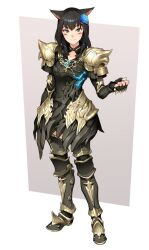 Rule 34 | 1girl, animal ears, armor, armored boots, warrior of light (ff14), black hair, blue flower, boots, facial mark, final fantasy, final fantasy xiv, flower, full body, hair flower, hair ornament, long hair, looking at viewer, miqo&#039;te, shoulder armor, simple background, smile, solo, standing, tsukinami kousuke, whisker markings