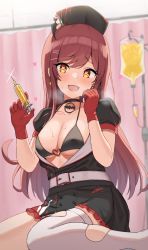 Rule 34 | 1girl, absurdres, bad id, bad pixiv id, belt, bikini, black bikini, black hat, blurry, blurry background, blush, breasts, choker, collarbone, commentary, curtains, dot nose, earrings, gloves, hair ornament, hairclip, hands up, hat, heart, heart-shaped pupils, heavy breathing, highres, holding, idolmaster, idolmaster shiny colors, indoors, intravenous drip, jewelry, long hair, looking at viewer, medium breasts, nurse cap, open clothes, open mouth, osaki amana, puffy short sleeves, puffy sleeves, raised eyebrows, red gloves, short sleeves, single thighhigh, sitting, solo, sweat, swimsuit, symbol-shaped pupils, syringe, thighhighs, thighs, torn clothes, torn thighhighs, underboob, wanimaru, white belt, white thighhighs, yellow eyes