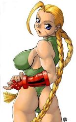 Rule 34 | 1girl, artist request, ass, blonde hair, breasts, cammy white, capcom, covered erect nipples, large breasts, leotard, long hair, looking back, street fighter, tagme