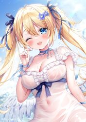 Rule 34 | 1girl, ;d, blonde hair, blue eyes, blue flower, blue ribbon, blue sky, blush, breasts, cleavage, cloud, collarbone, commentary request, covered navel, day, dress, feathered wings, flower, hair between eyes, hair flower, hair ornament, hair ribbon, hand up, long hair, looking at viewer, low wings, medium breasts, mitsuba choco, one eye closed, open mouth, original, outdoors, ribbon, see-through, short sleeves, sky, smile, solo, teeth, twintails, twitter username, upper teeth only, very long hair, wet, wet clothes, wet dress, white dress, white wings, wings