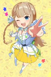 Rule 34 | 1girl, :d, absurdres, arm up, blonde hair, blue eyes, blunt bangs, blush, boots, bow, braided sidelock, cropped jacket, dot nose, foreshortening, from above, full body, hair bow, highres, idoly pride, jacket, looking at viewer, narumiya suzu, one eye closed, ooho0216, open clothes, open jacket, open mouth, outstretched arms, pleated skirt, shirt, skirt, sleeveless, sleeveless jacket, sleeveless shirt, smile, solo, teeth, thigh boots, upper teeth only, v, v-shaped eyebrows, white bow, white footwear, white shirt, yellow skirt