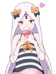 Rule 34 | 1girl, abigail williams (fate), abigail williams (third ascension) (fate), absurdres, bare arms, bare shoulders, black bow, blush, bow, camisole, double scoop, fate/grand order, fate (series), food, forehead, groin, hair bow, heart, highres, holding, holding food, ice cream, ice cream cone, long hair, mitchi, navel, orange bow, parted bangs, parted lips, red eyes, silver hair, simple background, smirk, solo, striped, striped camisole, upper body, very long hair, white background