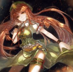 Rule 34 | 1girl, bad id, bad pixiv id, bracelet, braid, chinese clothes, hand in own hair, hong meiling, jewelry, long hair, looking at viewer, midriff, nail polish, navel, puffy sleeves, red eyes, red hair, red nails, shirt, short sleeves, side slit, skirt, skirt set, smile, solo, thigh strap, touhou, twin braids, very long hair, vest, vima