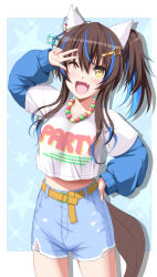 Rule 34 | 1girl, ;d, absurdres, animal ears, bead necklace, beads, belt, blue hair, brown hair, clothes writing, commentary request, cowboy shot, cutoffs, daitaku helios (umamusume), ear covers, fang, hair between eyes, hair ornament, hairclip, hand on own hip, highres, horse ears, horse girl, horse tail, jewelry, long sleeves, midriff, multicolored hair, navel, necklace, nori tamago, one eye closed, open mouth, puffy long sleeves, puffy sleeves, short shorts, shorts, side ponytail, sidelocks, simple background, smile, solo, star (symbol), star hair ornament, starry background, streaked hair, tail, two-tone hair, umamusume, w over eye, yellow eyes