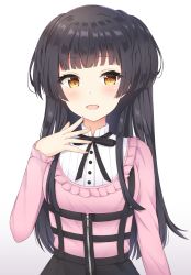 Rule 34 | 1girl, :d, black hair, black skirt, blush, brown eyes, commentary request, finger to mouth, fingernails, gradient background, grey background, hand up, highres, idolmaster, idolmaster shiny colors, long hair, long sleeves, looking at viewer, mayuzumi fuyuko, open mouth, pink shirt, seventeen (st17215), shirt, skirt, sleeves past wrists, smile, solo, two side up, very long hair, white background