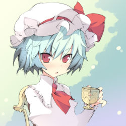 Rule 34 | 1girl, :o, ascot, bad id, bad pixiv id, blue hair, blush, chair, cup, female focus, hage, hat, looking at viewer, open mouth, pinky out, red eyes, remilia scarlet, short hair, sitting, solo, teacup, touhou, tsurime, upper body, yanagi yuu