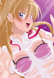 Rule 34 | 1girl, against fourth wall, against glass, blue eyes, bra, breast press, breasts, breasts on glass, fuchi (nightmare), highres, houjou hibiki, large breasts, licking, long hair, looking at viewer, open mouth, pink bra, precure, saliva, see-through, shirt, solo, suite precure, tongue, twintails, underwear, upper body, wet, wet clothes, wet shirt, white shirt