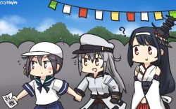 Rule 34 | &gt;:d, 10s, 3girls, :&gt;, :d, ?, akebono (kancolle), baseball cap, bell, belt, black hair, blush, brown eyes, commentary, dated, detached sleeves, flower, fusou (kancolle), gangut (kancolle), gloves, grey hair, hair bell, hair flower, hair ornament, hamu koutarou, holding hands, hat, highres, jingle bell, kantai collection, long hair, low-tied long hair, multiple girls, neck ribbon, open mouth, purple eyes, purple hair, red eyes, remodel (kantai collection), ribbon, sailor collar, school uniform, serafuku, side ponytail, smile, string of flags, translated, v-shaped eyebrows, v arms