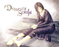 Rule 34 | 1girl, anklet, bad id, bad pixiv id, bandages, barefoot, black hair, braid, cape, choker, copyright name, demon&#039;s souls, dress, feet, female focus, from software, jewelry, long hair, maiden in black, mera nattou, natto mela, necklace, short hair, sitting, solo, staff, stairs, wavy hair