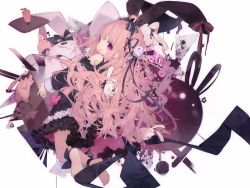 Rule 34 | 1girl, animal ears, barefoot, black bow, black dress, black hairband, bow, brown ribbon, carrot, clothing cutout, dress, frilled dress, frills, hair ribbon, hairband, highres, light brown hair, long hair, looking at viewer, looking back, mabuta (byc0yqf4mabye5z), open mouth, original, rabbit ears, red bow, red eyes, ribbon, shoulder cutout, soles, solo, striped, striped bow, stuffed animal, stuffed rabbit, stuffed toy, very long hair, white background