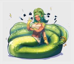 Rule 34 | 1girl, abs, awee, bare shoulders, breasts, cleavage, crop top, crossed arms, earrings, extra arms, green eyes, green hair, highres, jewelry, lamia, large breasts, looking at viewer, midriff, monster girl, pointy ears, ponytail, scales, shirt, skirt, solo, white shirt