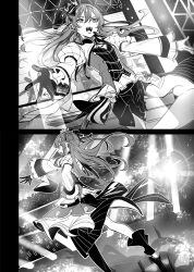 Rule 34 | 1girl, absurdres, comic, crown, gloves, hair ornament, highres, hololive, hoshimachi suisei, hoshimachi suisei (stellar into the galaxy), idol clothes, long hair, long sleeves, longlong (drasdr7513), mini crown, monochrome, music, official alternate costume, official alternate hair length, official alternate hairstyle, open mouth, singing, single glove, smile, solo, stage, stage lights, star (symbol), virtual youtuber