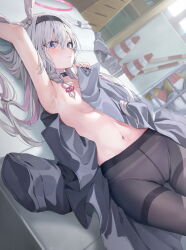 Rule 34 | 1girl, arm up, armpits, ball, black choker, black hairband, black pantyhose, blue archive, blue pupils, blush, braid, breasts, cameltoe, choker, closed mouth, coat, crotch seam, dutch angle, grey coat, grey hair, gym storeroom, hair between eyes, hair ribbon, hairband, halo, hashtag only commentary, highres, huwari (dnwls3010), long hair, long sleeves, looking at viewer, lying, medium breasts, mismatched pupils, multicolored hair, navel, on back, panties, panties under pantyhose, pantyhose, pink hair, pink halo, pink panties, plana (blue archive), purple eyes, red pupils, ribbon, side braid, single braid, solo, thighband pantyhose, traffic cone, two-tone hair, underwear, volleyball (object), white ribbon