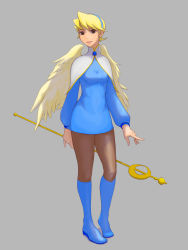 Rule 34 | 1girl, angel wings, blonde hair, blue footwear, boots, breasts, breath of fire, breath of fire iv, dress, full body, hairband, highres, knee boots, nina (breath of fire iv), pantyhose, short hair, skirt, small breasts, solo, staff, tetsuya mk2, white wings, wings