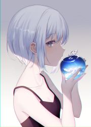 Rule 34 | 1girl, achiki, apple, blue sky, camisole, chromatic aberration, closed mouth, collarbone, double exposure, food, from side, fruit, grey eyes, hands up, holding, holding food, holding fruit, looking at viewer, original, profile, shade, short hair, sidelocks, silver hair, sky, solo, upper body