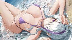 Rule 34 | 1girl, arched back, azur lane, beach, bikini, commentary, day, hair over one eye, highres, ki-16, knees up, looking at viewer, lying, multicolored hair, navel, ocean, on back, outdoors, parted lips, purple bikini, purple eyes, purple hair, solo, stomach, streaked hair, swimsuit, thighs, unzen (azur lane), unzen (sojourn through clear seas) (azur lane), water, wet, white hair