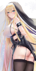 Rule 34 | 1girl, absurdres, ass, black dress, blonde hair, blue eyes, blush, breasts, chain, clothes lift, cross, detached sleeves, dress, dress lift, frills, habit, highres, large breasts, lifting own clothes, long hair, looking at viewer, lshiki, nun, original, short sleeves, sideboob, smile, solo, thighhighs, thighs, white background